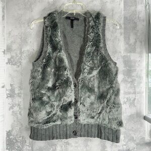 BCBG Charcoal Faux Fur Front Button Cardigan Sweater Vest size S